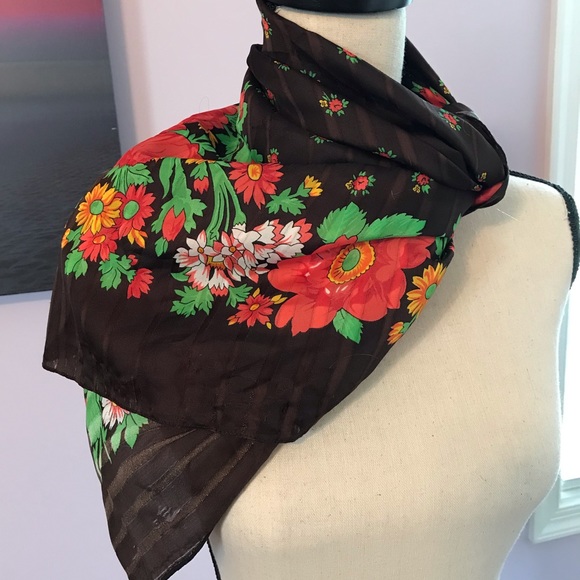 Valentini Italian Scarf Brown and Red Floral Print - Picture 2 of 8